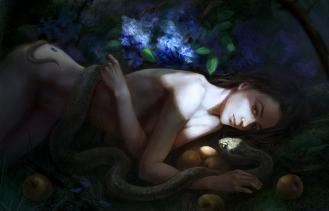 Обои картинки фото фэнтези, девушки, девушка, взгляд, лежит, змея, яблоки