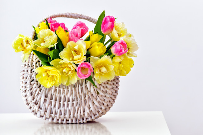 Обои картинки фото цветы, тюльпаны, корзинка, желтые, розовые