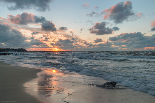 Обои картинки фото природа, побережье, берег, сипаева, катерина, волны, мокрый, песок, закат, балтийское, море