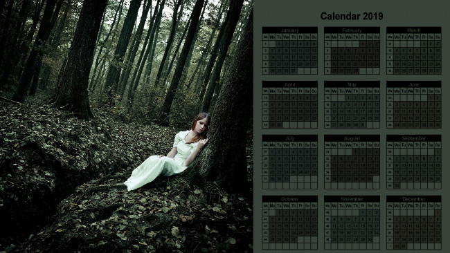 Обои картинки фото календари, девушки, лес, деревья