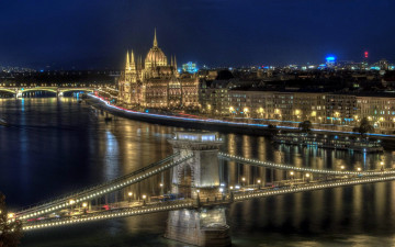 обоя города, будапешт , венгрия, огни, река, вечер, мост