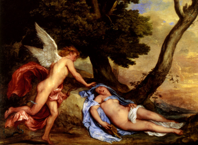 Обои картинки фото cupidon et psyche huile sur toile, рисованное, antoine van dyck, дерево, девушка, ангел