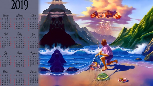 Обои картинки фото календари, фэнтези, взгляд, небо, пляж, водоем, мальчик