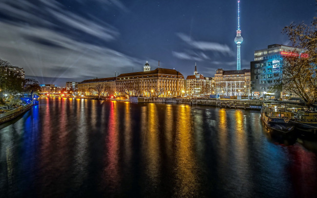 Обои картинки фото города, берлин , германия, река, огни, вечер