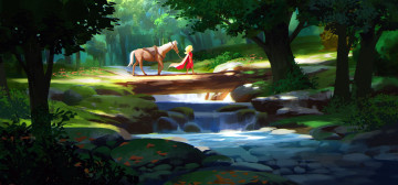 обоя фэнтези, люди, лошадь, девочка, мост, река, лес