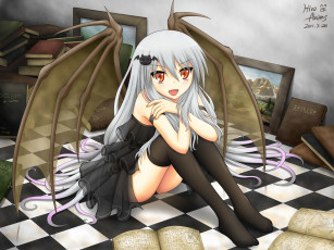 Картинка аниме angels demons девушка демон крылья книги картины платье заколка