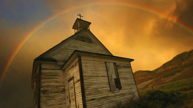 Обои картинки фото разное, сооружения, постройки, закат, радуга, церковь