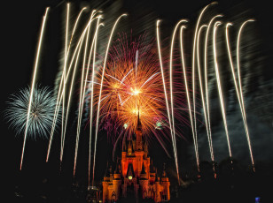 Картинка города диснейленд замок золушки штат флорида шоу представление зрелище сша фейерверк