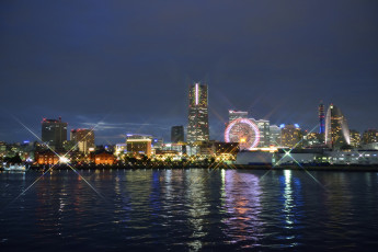 обоя города, йокогама, Япония, ночь, отражение