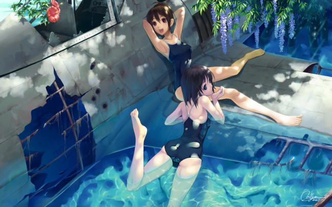 Обои картинки фото аниме, *unknown, другое, девушки, купальник, вода, самолет, цветы, лето