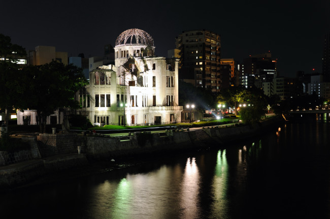 Обои картинки фото хиросима, Япония, города, огни, ночного, дома, развалины, ночь