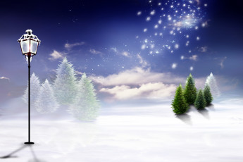 Картинка рисованные природа фонарь снег деревья