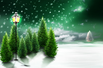 Картинка рисованные природа снег фонарь деревья