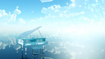 обоя аниме, -headphones & instrumental, рояль, вода, небо, облака