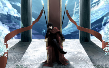 Картинка аниме *unknown+ другое парень колонны дракон рыбы мантия копья трон перчатки
