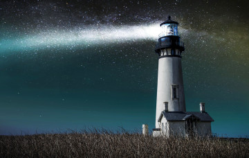 Картинка природа маяки звезды домик свет трава небо