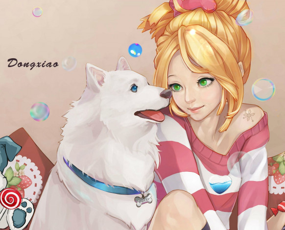 Обои картинки фото аниме, -animals & creatures, мыльные, пузыри, собака, девушка