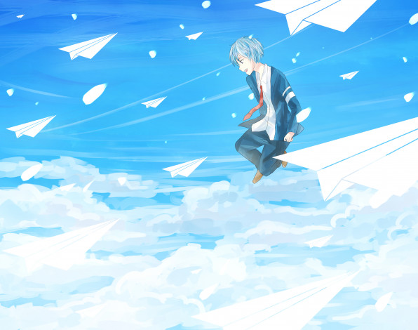 Обои картинки фото аниме, *unknown , другое, парень, небо, облака, арт, самолётики, синива