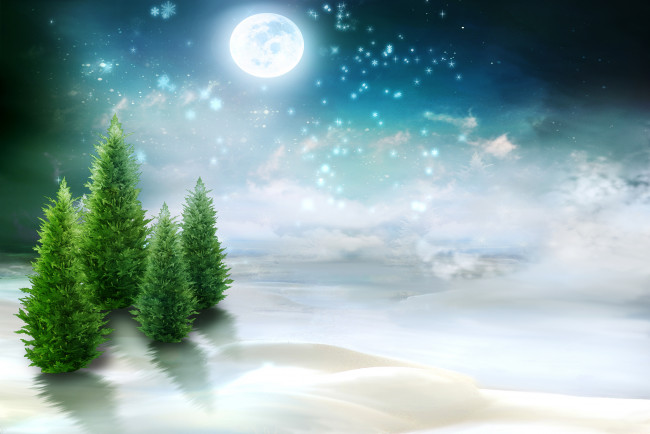 Обои картинки фото рисованные, природа, луна, снег, деревья