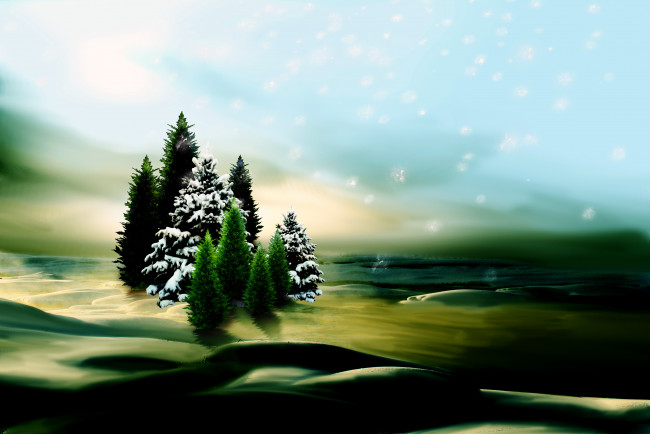 Обои картинки фото рисованные, природа, снег, деревья