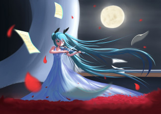 Картинка аниме vocaloid девочка hatsune miku листы луна волосы музыка скрипка ночь
