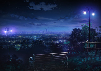 Картинка аниме город +улицы +здания скамья лавочка ночь огни фонари деревья небо облака арт monorisu