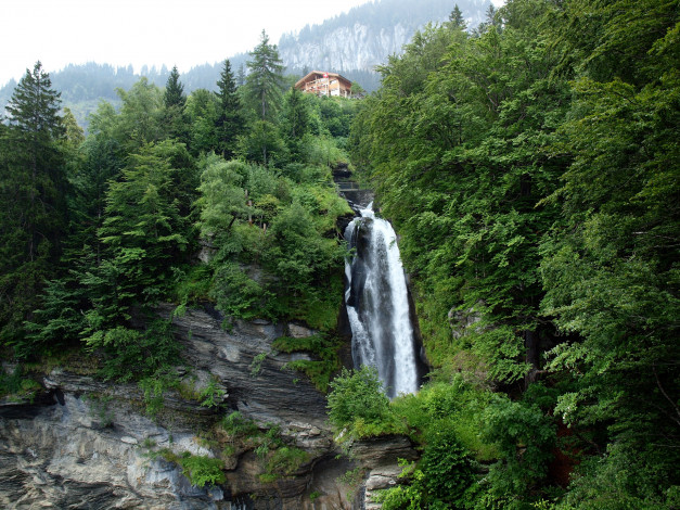 Обои картинки фото природа, водопады, reichenbach, швейцария, switzerland, горы, небо, дом, деревья