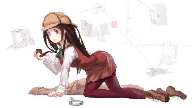 Обои картинки фото аниме, hyouka, chitanda, eru, арт, девушка, курительная, трубка, шапка, jq