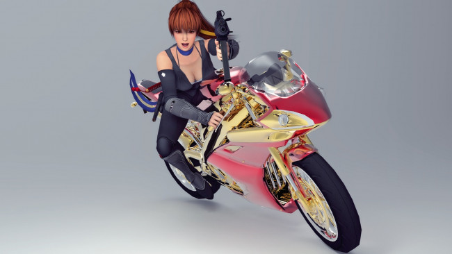 Обои картинки фото мотоциклы, 3d, мотоцикл, оружие, фон, девушка, взгляд