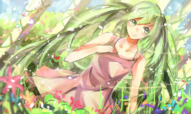Обои картинки фото аниме, vocaloid, девушка, цветы, hatsune, miku