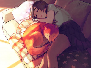 Картинка аниме животные +существа девушка сон собака