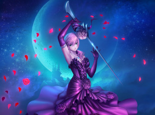 Картинка аниме final+fantasy final fantasy xiii арт оружие лепестки роз платье луна ночь игра девушка