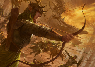 Картинка фэнтези эльфы воины атака лес дракон