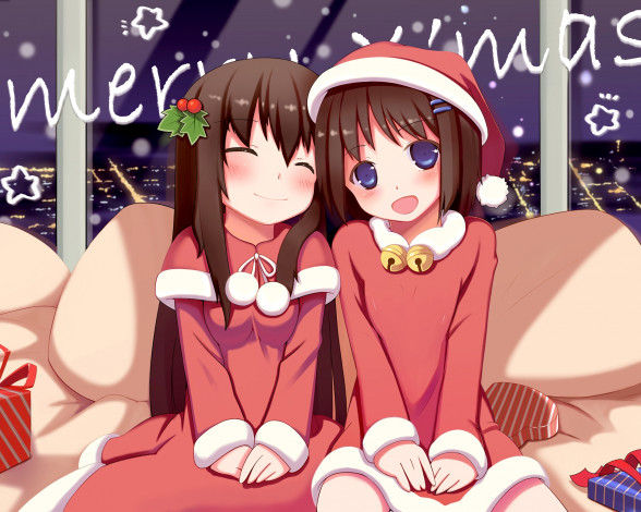 Обои картинки фото аниме, зима,  новый год,  рождество, фон, взгляд, девушки