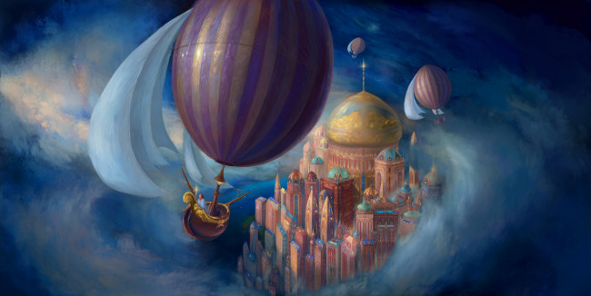 Обои картинки фото фэнтези, иные миры,  иные времена, иной, мир, воздушные, шары, город, купола