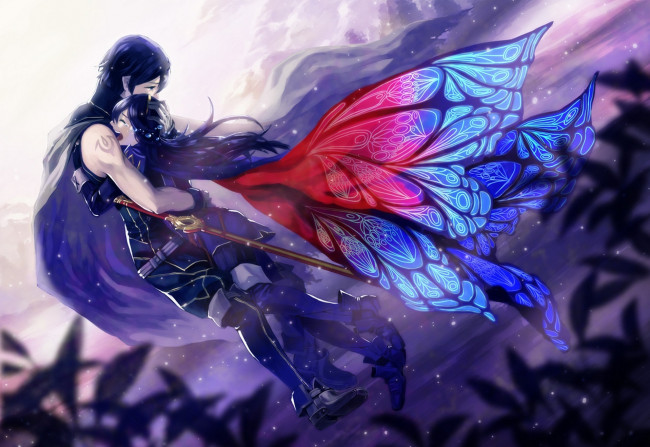 Обои картинки фото аниме, fire emblem, меч, девушка, lucina, krom, объятия, крылья, арт, fire, emblem, парень, оружие, слезы