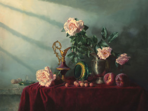 Картинка рисованное алексей+антонов стол посуда розы персики черешни