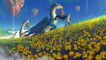 Картинка аниме животные +существа драконы девушка луг цветы