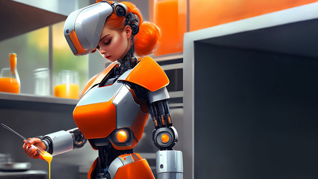 Обои картинки фото фэнтези, роботы,  киборги,  механизмы, девушка, робот, на, кухне