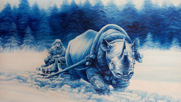 Картинка рисованное животные +носороги сани носорог