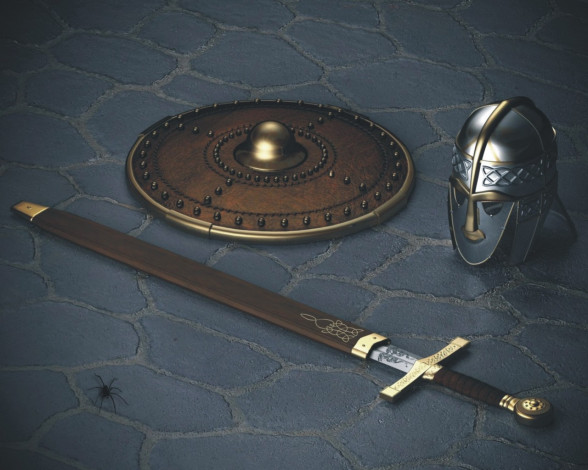 Обои картинки фото щит, меч, оружие, 3d