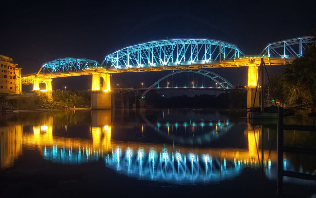 Обои картинки фото города, мосты, река, огни, ночь