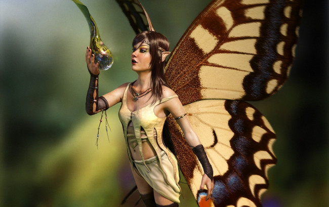 Обои картинки фото 3д, графика, elves, эльфы, фея, бабочка, капля