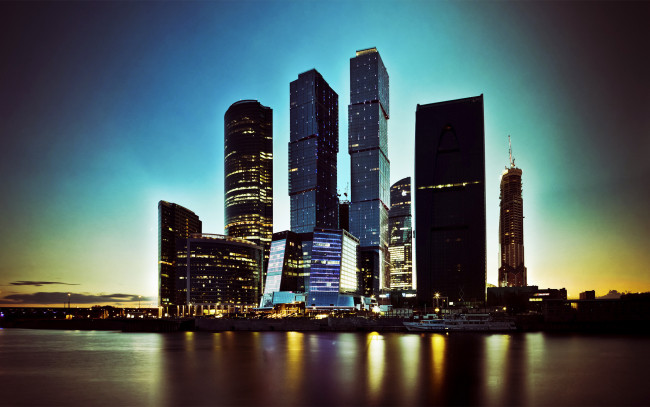 Обои картинки фото москва, сити, города, россия, небоскребы, река, город, ночь