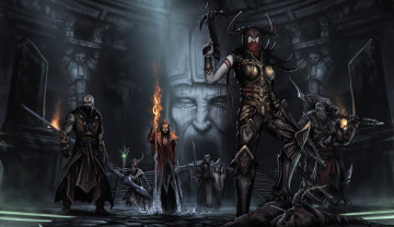 Картинка видео+игры diablo+iii +reaper+of+souls воины щит шлем люди маг огонь посох мужчины девушка рога оружие