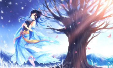 Картинка аниме *unknown+ другое синие длинные волосы арт дерево снежинки небо девушка