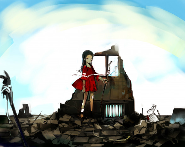Обои картинки фото аниме, -weapon,  blood & technology, небо, кролики, девочка, арт, красное, платье