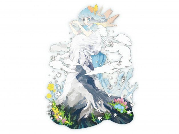 Обои картинки фото аниме, *unknown , другое, лёд, бант, арт, снежинки, девочка, цветы