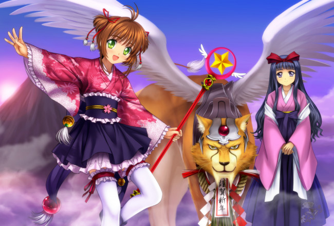 Обои картинки фото аниме, card captor sakura, улыбка, посох, лев, крылатый, кимоно, девушки