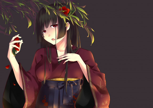 Обои картинки фото аниме, *unknown , другое, девушка, листья, цветы, растение, кимоно, шатенка, арт
